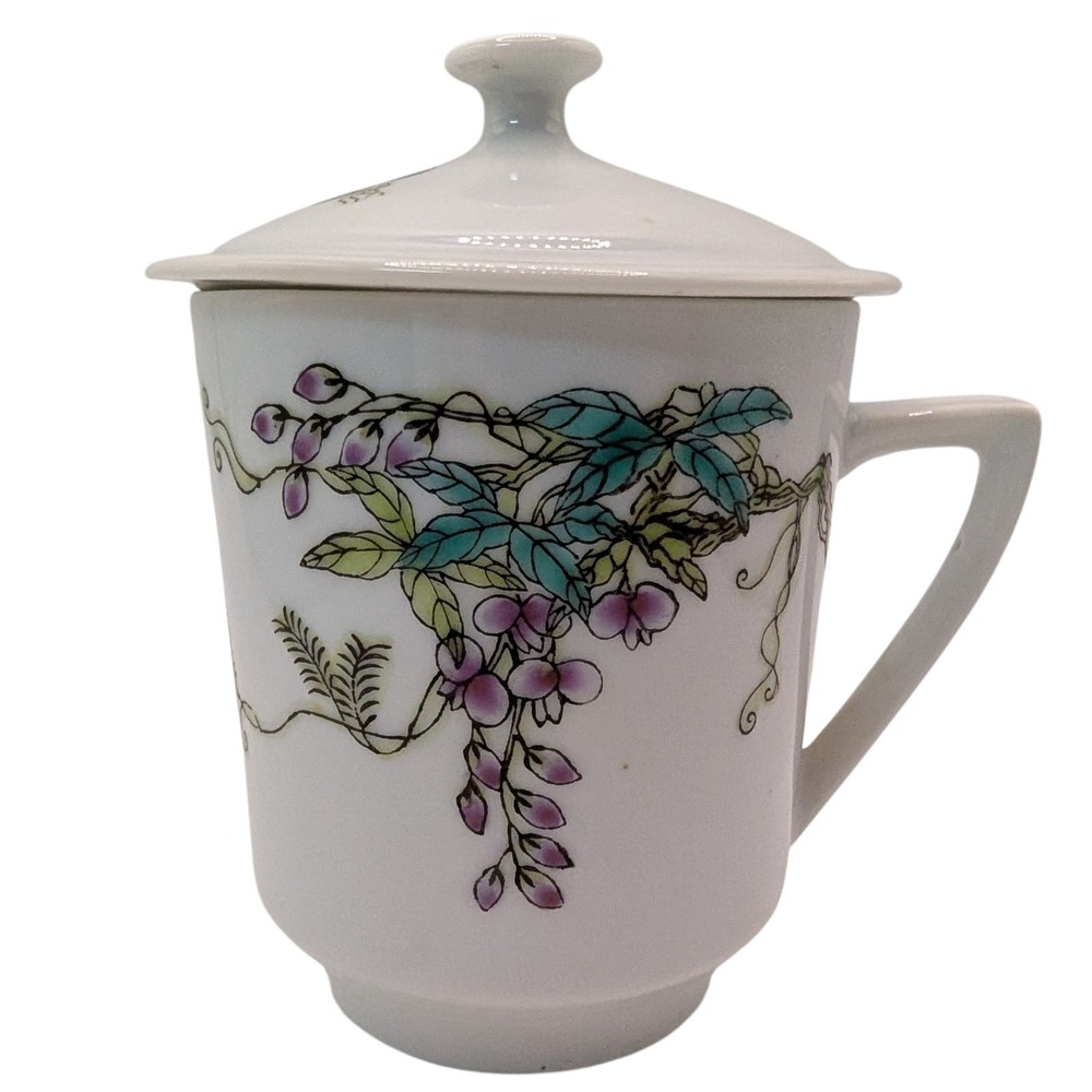 Vintage Chinese Footed Teacup Lidded Asian Floral Wisteria‎ Bone China Whimsical